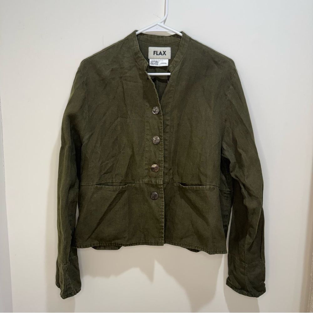 FLAX 100% Linen‎ Olive Green Button Front Jacket Petite